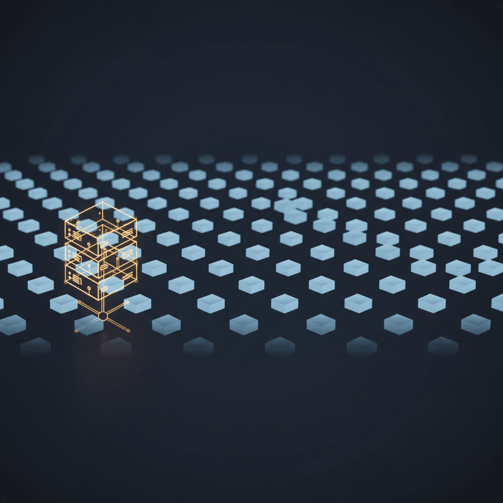 A vast grid of identical memory server cubes stretching into darkness, with one golden structure standing apart