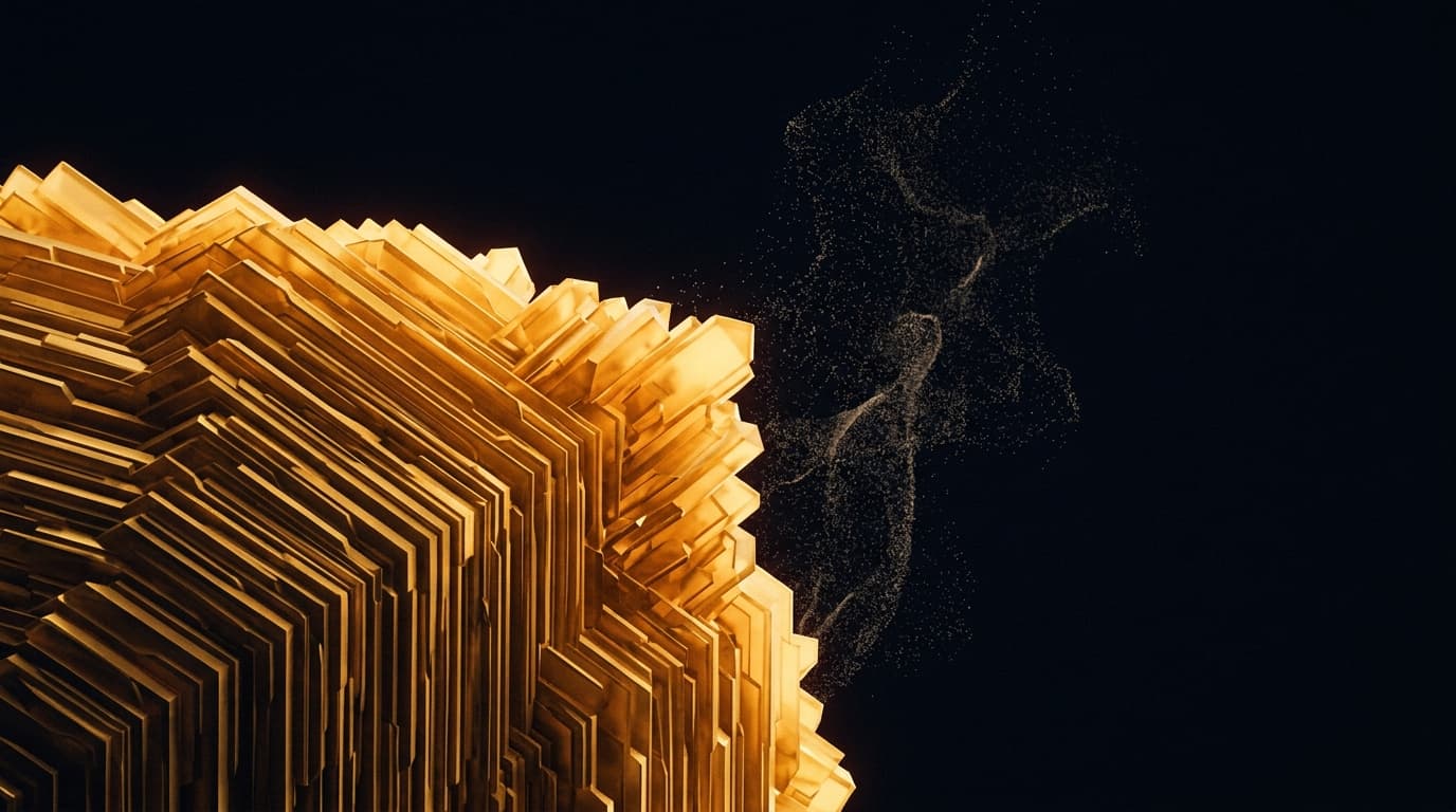 Golden crystalline layers of compounded intelligence accumulating while data particles dissolve into darkness