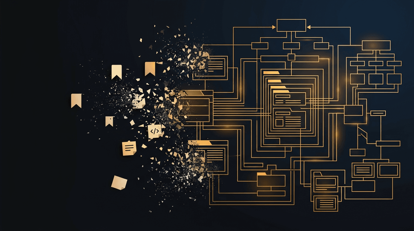 Abstract visualization of consumer bookmark tools crumbling next to complex code architecture