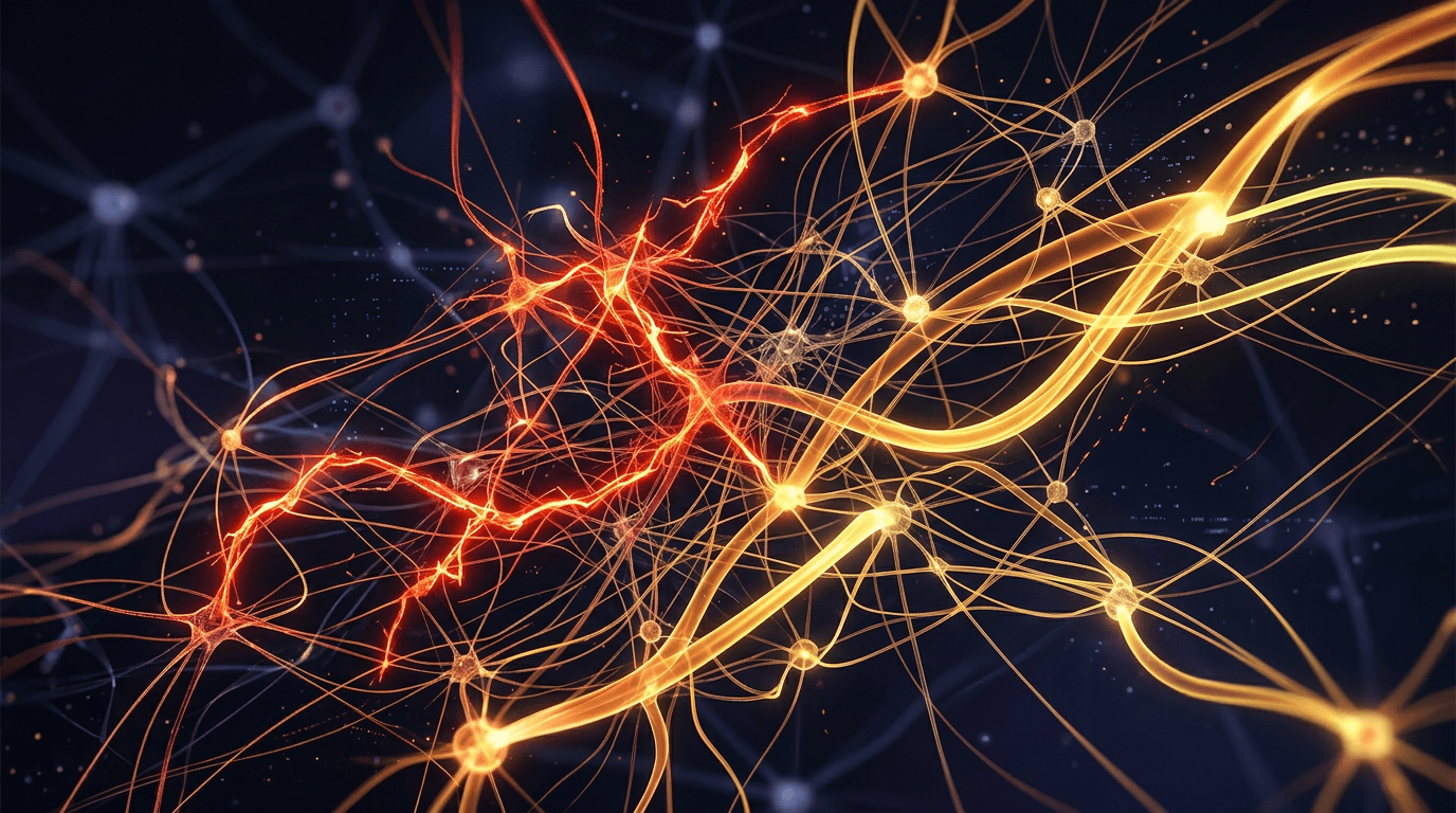 Abstract visualization of neural pathways crossing and reranking with contradiction highlights