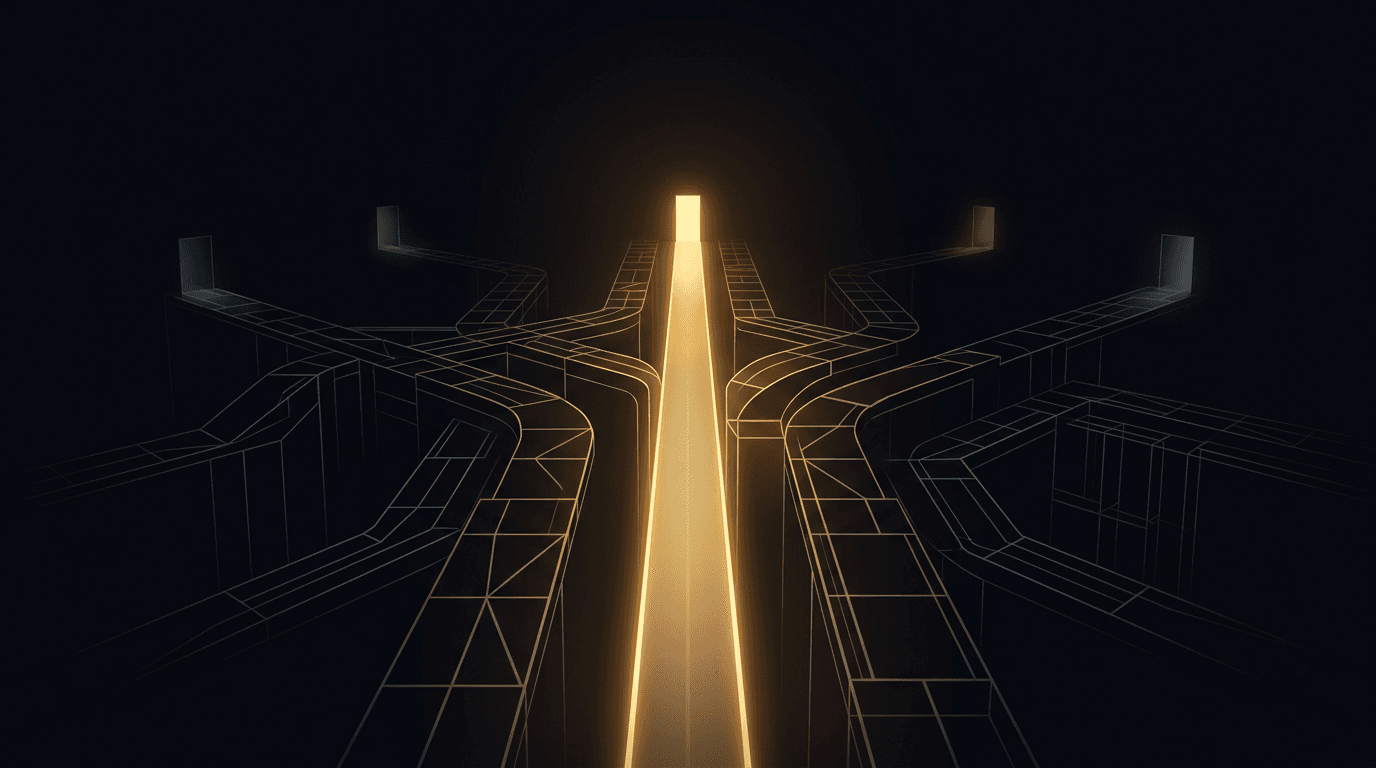 A maze of cloud infrastructure pathways converging on a single default exit, illustrating platform lock-in through default provider selection