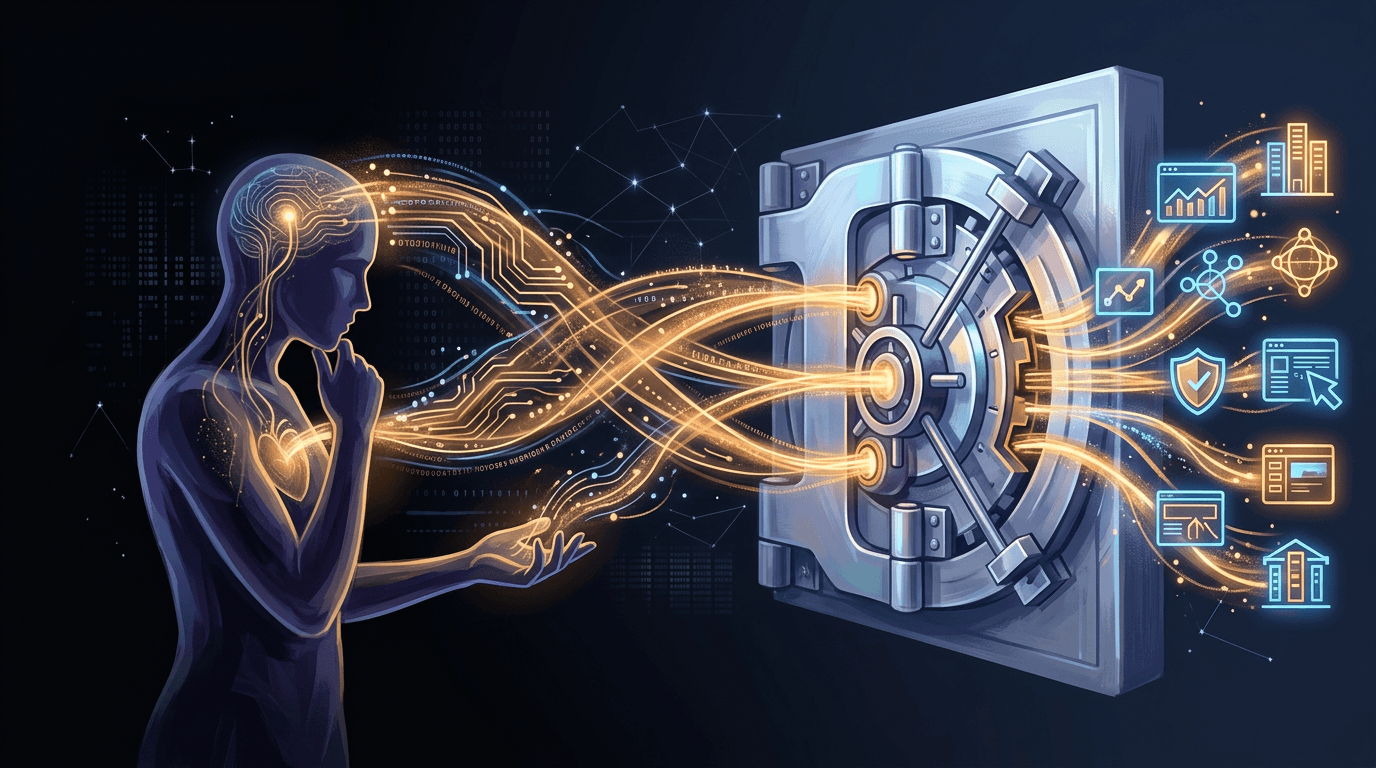 Abstract visualization of personal data streams flowing into a corporate vault