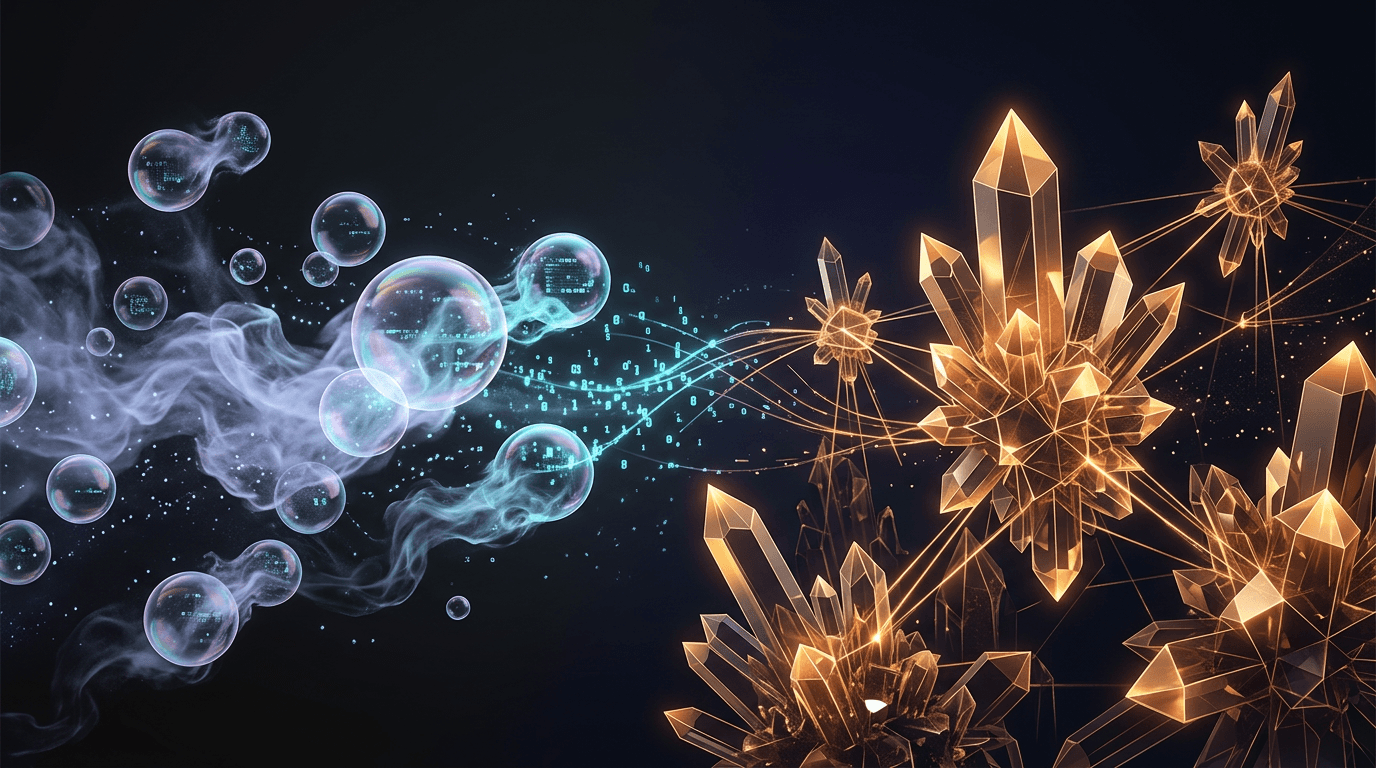 Abstract visualization of ephemeral in-context memory versus persistent crystalline memory