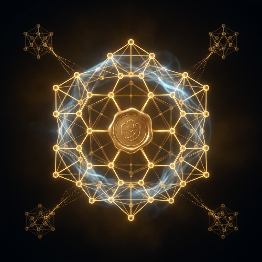 Golden hexagonal knowledge graph in dark space with a wax-seal motif at the center and federated node clusters in the distance