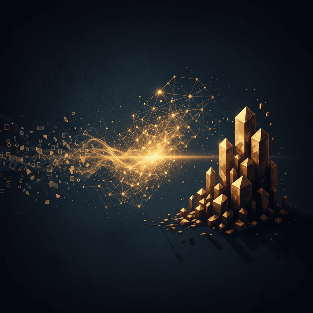 Golden crystalline memory structures accumulating while ephemeral prompts dissolve into darkness