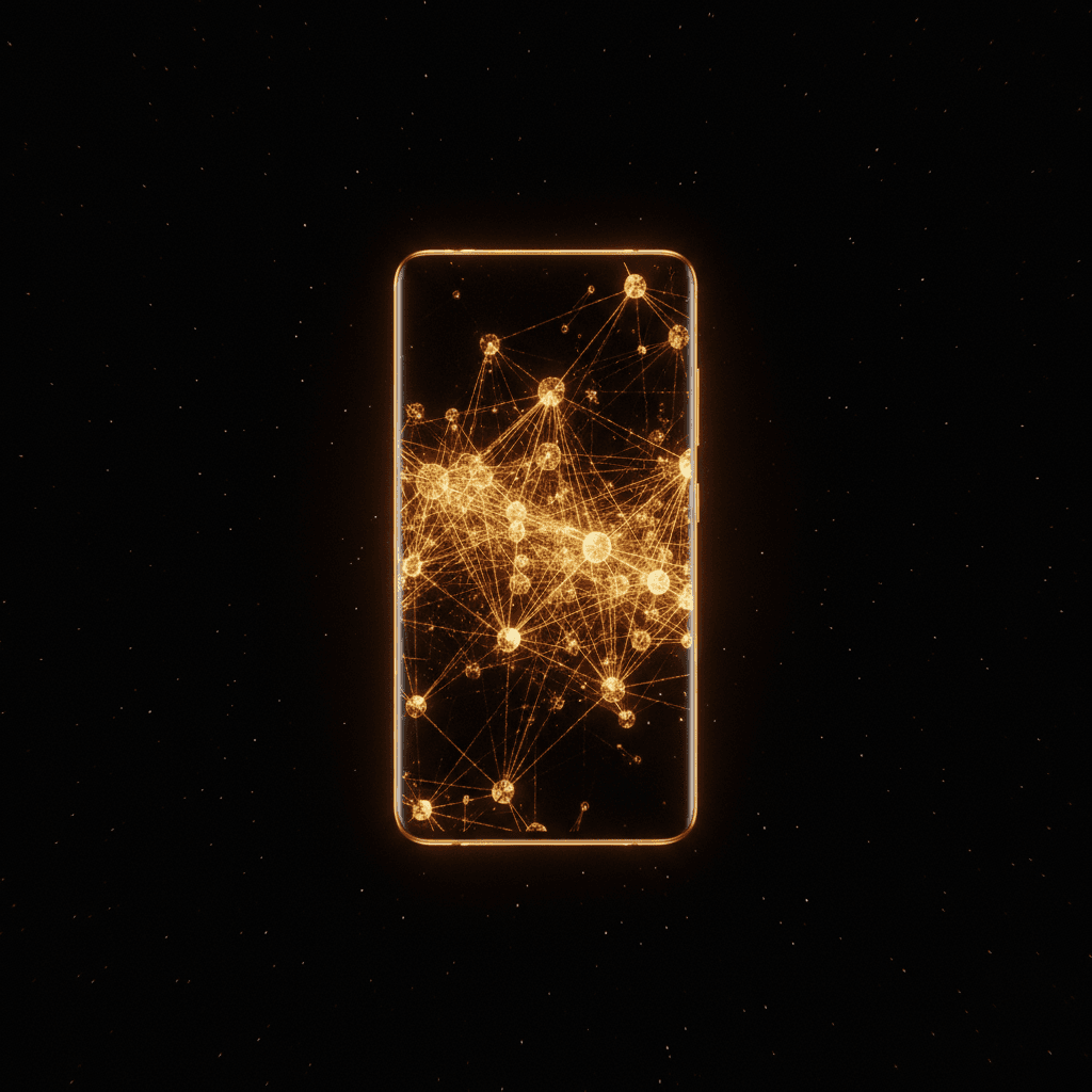 Samsung S25 Ultra with golden neural network memory visualization on screen, floating in dark space