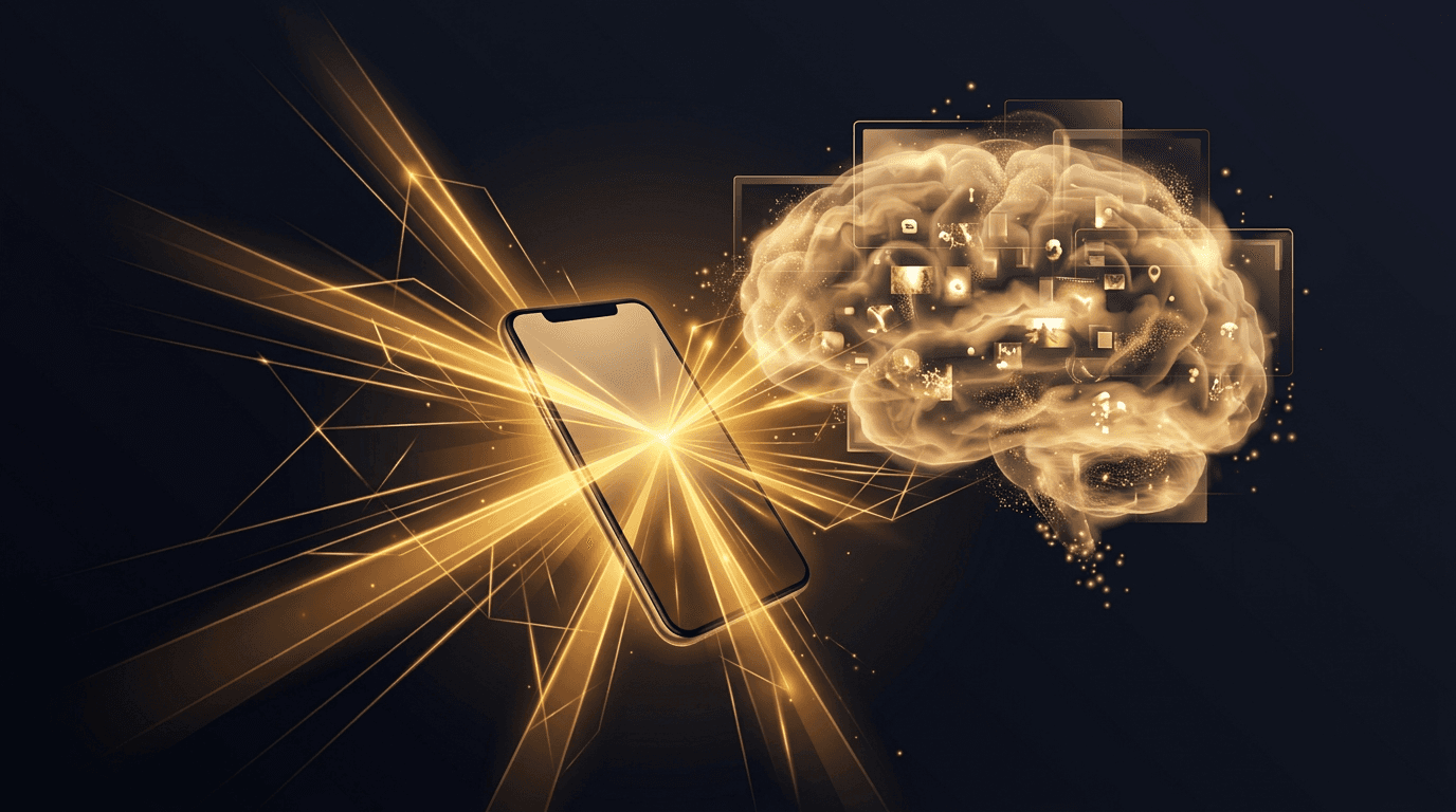 Abstract visualization of a smartphone connecting to a cloud of agent memories