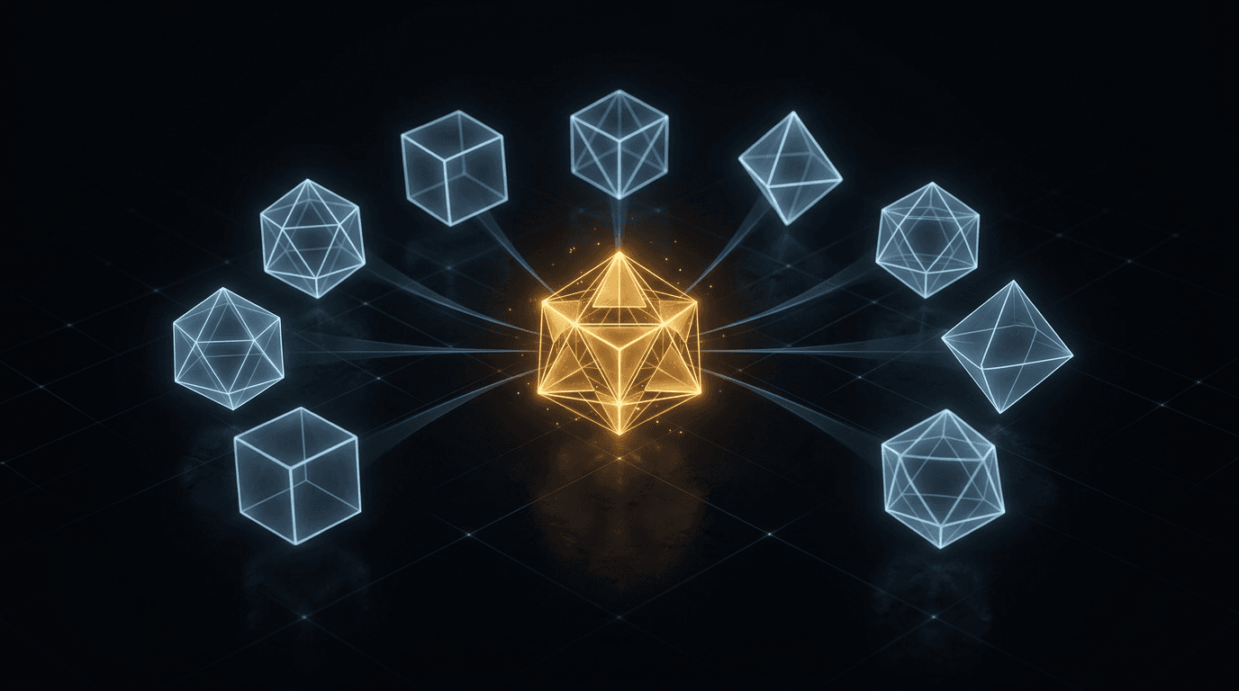 Seven geometric research paper outlines converging into a single golden crystalline structure