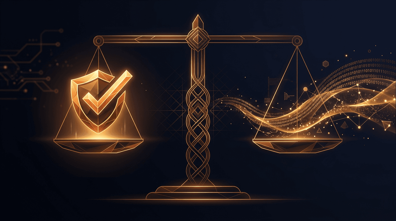 Abstract visualization of a verification scale balancing trust and data